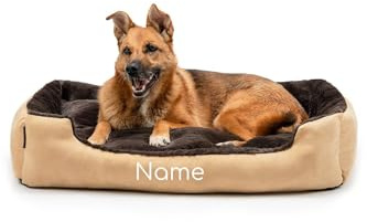 lionto Lit pour Chien avec Coussin réversible et Base antidérapante, Coussin Douillet pour Animaux avec entrée Basse pour Chiens et Chats de Tout âge, 90x70 cm, Marron/Beige (avec nom imprimé)