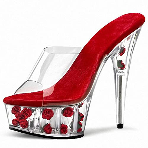 HYDgfiuf Frauen Klare High Heels Rote Rose Plateau Pantoletten Sandalen Sexy Stripper Club Pole Dance Hochzeitskleid Party Schuhe Große Größe 34-46,Rot,36