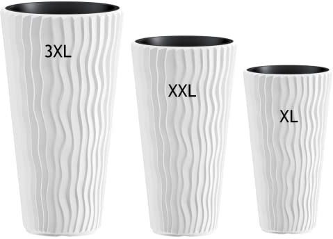 MELTOM Blumentopf mit vertikaler Wellenoptik herausnehmbarem Einsatz Hoch 3D Effekt in Weiß SET3: 3XL+XXL+XL