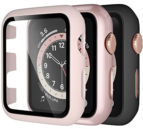 Dirrelo 3 Pack PC Case Compatible with Apple Watch 38mm Series 3/2/1 Tempered Glass Screen Protector, Full Cover All-Around HD Protective Bumper Case for iwatch 3/2/1, Pink/Rose gold/Black