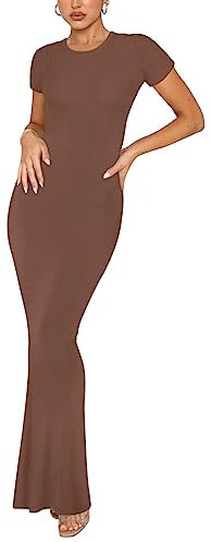 REORIA Women's Summer Sexy Casual Lounge Long Dress Elegant Wedding Guest Short Sleeve Crew Neck Bodycon Maxi Dresses Coffee M
