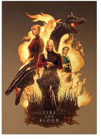 Displate Offiziell House of the Dragon MetallPoster Magnetische Befestigung Inklusive Lizenziert Bilder Hochwertiges Poster Graphics - Fire and Blood 45 cm x 32 cm