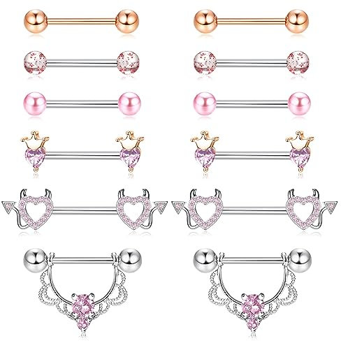Kakonia 6 Paare 14G Nippelpiercing für Frauen 316L Edelstahl Herz Schmetterling Mond CZ Blume Barbell Nippel Ringe Set niedlich Brustwarzenpiercing-Schmuck