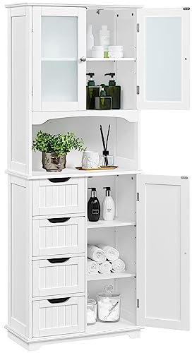 Yaheetech Tall Bathroom Floor Cabinet with 4 Drawers and Glass Doors, Freestanding Storage Cupboard Unit with Adjustable Shelves for Bathroom Kitchen Living Room