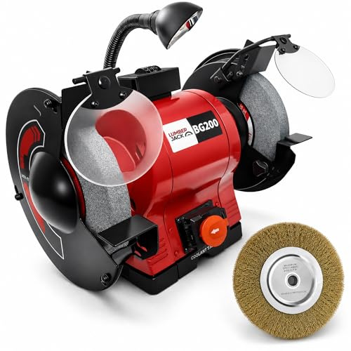 Lumberjack 8 Bench Grinder 550W Bench Grinder Polisher with Wire Wheel | Powerful 550W 8 bench grinder with work light, 36/60 grit wheels and wire wheel for sharpening and metalwork.