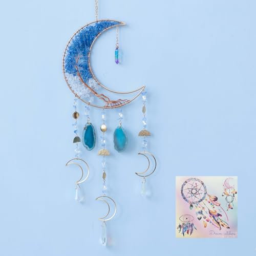 Achat-Mond-Traumfänger mit Kristallen, 7 Chakra-Edelstein-Traumfänger, Farbe, natürlicher Edelstein, Achat, Wandbehang, Raum, Garten, Traumfänger, Dekoration (blau)