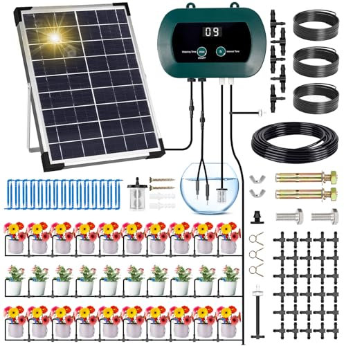 GUHAOOL Kit de Riego por Goteo Automático Energía Solar, Sistema de Riego Automático Solar, Sistema de Riego Automático de Jardín con Temporizador e Tubo Lungo 35M para Jardín, Plantas de Balcón