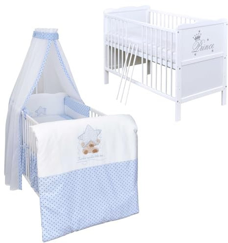 Babybett Komplett Set Max Prince 60x120 weiß Kinderbett umbaubar zum Juniorbett inkl. Bettwäsche Set Komplett (Twinkle Star blau)