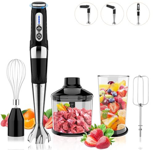 Batidora de inmersión inalámbrica, batidora de mano eléctrica recargable 4 en 1, 21 velocidades y 3 ángulos ajustables con picadora de 700 ml, vaso de 700 ml, batidor de huevos y batidor para batidos,