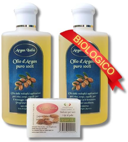 ARGAN ITALIA - Olio di Argan Puro per Pelle Biologico (250 ml X 2pz + Saponetta Omaggio), Idratante Corpo, per Capelli Secchi e Crespi e Danneggiati, Privo di Sostanze Chimiche