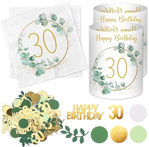 20 Stück Servietten 30 Geburtstag+ 12 Stück Windlicht Tischdeko 30 Geburtstag + 100 Stück Konfetti 30 Geburtstag Deko Grün, Deko 30. Geburtstag Frau Mann, 30 Jahre Happy Birthday Tischdeko Eukalyptus