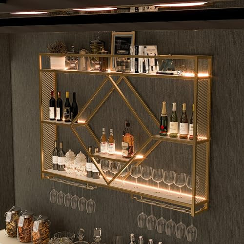Weinregal zur Wandmontage mit Glashalter, Flaschenhalter aus Metall, schwebende Barregale, hängendes Kelchregal, multifunktionales Weinlager-Präsentationsregal, geeignet für Küche, Zuhause, Bars, Café
