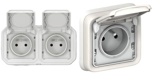 LEGRAND - Prise Etanche Double IP55 avec Terre Plexo - Prise 2P+T 16A Complète avec Volet & 069870 Prise de Courant Étanche avec Éclips de Protection Plexo, Complet Encastré, 2P+T, 16A