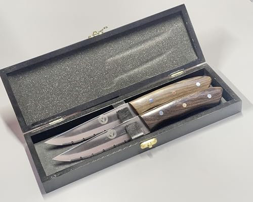 CUTTHRU Set of 2 Steak Knives Presented in a Luxurious Wooden Case, Croasion Resistant, Vivid and Smooth Polished Blade, Natural Rosewood Full Tang Handle