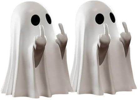 YueYue 2PCS Mittelfinger Geist Harz Statue, Süße Geister Und Kürbis Halloween Geister Figur, Fledermaus Gruselige Geisterskulptur für Halloween Tabletop Deko 2024 Neue (2PCS-A, One Size)