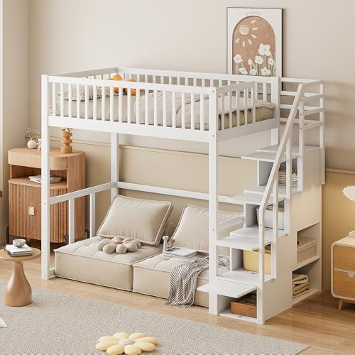 Hochbett 90x200, Etagenbett mit Treppe, Kinderbetten Stauraumbett Einzelbett Bettgestell aus Kiefernholz, Funktionsbett Stockbett Jugendhochbett mit Rausfallschutz und Lattenrost, ohne Matratze, Weiß