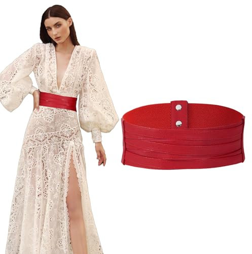 SUOSDEY Breiter Ledergürtel für Damen, Elastischer Geflochtener Gürtel für Kleider Modischer Stretch Taillengürtel rot