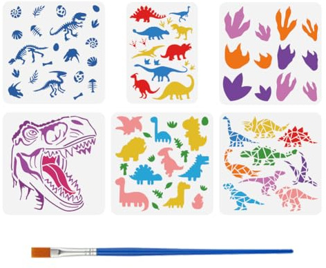 FINGERINSPIRE 6 Dinosaurier Malvorlage Mit Pinsel 30x30cm Vorlage Für Dinosaurier Klauenabdrücke Tyrannosaurus Rex Schablone Verschiedene Dinosaurier Malschablonen DIY Kunsthandwerksschablone