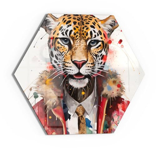 DEQOART Glasbild Echtglas | Motiv Stilvoller Jaguar | sechseckig einteilig Sechseck 55x47,6 cm | schöne Dekoration | Wandbild für Wohnzimmer, Schlafzimmer, Flur & Küche | moderne Wanddeko