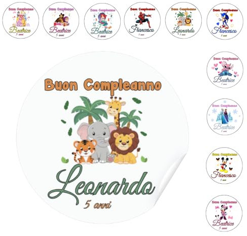 50 Etichette Tag adesivi Personalizzati Chiudipacco Sacchetti Compleanno Bambini Dopofesta Catoni Bomboniere Scatoline Portaconfetti dopo Festa (Giungla)