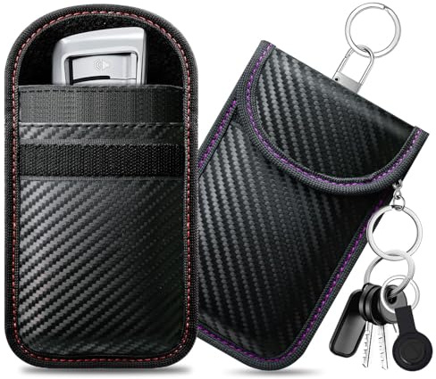 caslord 2 Stück Mittel Keyless Go Schutz Autoschlüssel | rfid blocker autoschlüssel | Kohlefaser Leder | faraday bag | autoschlüssel schutz keyless | Rot+Lila