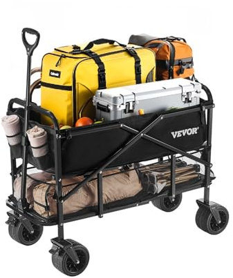 VEVOR Chariot de Jardin Pliable, 300 L, Chariot de Transport Utilitaire Robuste 2 Niveaux, Capacité de Charge 204,12 kg, avec Roues Tout-terrain, pour Extérieur, Camping, Jardin, Shopping, Sport, Noir