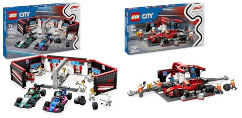 LEGO City Garage F1 & Voitures Mercedes-AMG & Alpine + Stand de Pits F1 & Équipe de Pits avec Jouet Voiture Ferrari 60444 + 60443
