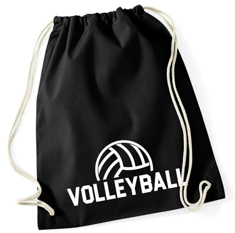Huuraa Turnbeutel Volleyball Schriftzug Geschenk | Sportbeutel 12 Liter Black Baumwolle Schwarzer Rucksack Geschenkidee Unisex Beutel mit Kordelzug Baumwollbeutel