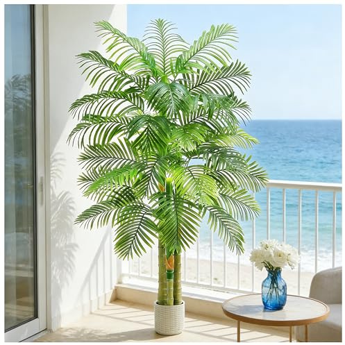 TNGGNT Artificial Golden Cane Palm Tree, 6T Fake Large Tropical Areca Palm Trees Tall Faux Silk Plant in White Pot With Realistic Triple Textured Trunks for Office Outdoor Home Decor Hotel Patio Lobby