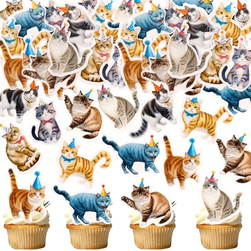 48 Stück Essbare Kazte Cupcake Toppers Essbare Kitty Torten Topper Kuchen Dekorationen für Haustier Kazte Geburstag Party Dekorationen Kitty Thema Kindergeburtstag Babyparty Partyzubehör