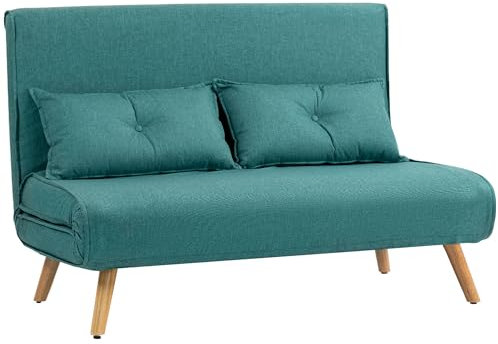HOMCOM 2 Seater Sofa Bed, Click Clack Convertible Bed Settee with Adjustable Backrest, Modern Linen Feel Fabric Recliner Sofa Couch with Pillows for Living Room, Bedroom, Guest Room, Green