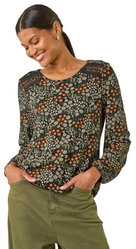 Roman Originals Printed Lace Stretch Top for Women UK - Ladies Everyday Autumn Winter Round Neckline Comfy Soft Evening Vacation Work Party Night Out - Green - Size 12