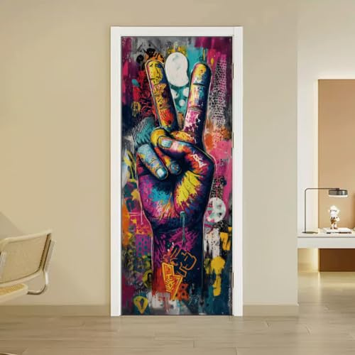 arricraft 2 Stück Selbstklebender Türaufkleber 31.5X78.7 Street Graffiti Culture Wall Bright Peace Wandbilder Aufkleber PVC Abnehmbare Tapeten Dekoration Für Schlafzimmer Wohnzimmer