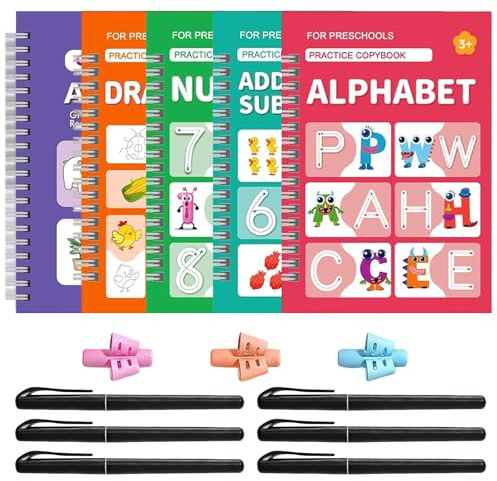 KINDLUME Quaderno di Scrittura per Bambini, Alfabetiere, Quaderno Riusabile con Scanalature, Libro di Pratica di Calligrafia, Kit Apprendimento Scrittura, per Homeschooling, Asilo e Età Prescolare