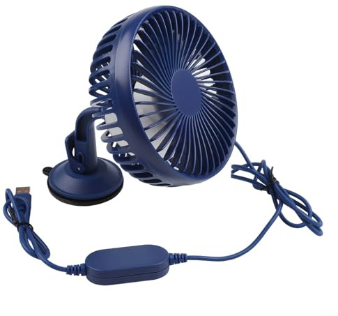 Todikaper, ventilador interno para coche 12V/24V con tres ajustes de velocidad, carga USB, rotación de 360 grados y ventosa estable antideslizante (Azul)