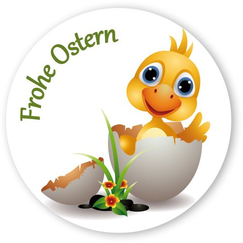 Oster-Aufkleber Ostern-Sticker rund Ø 30mm selbstklebende PE-Folie, 100 Stück auf Rolle Frohe Ostern mit Küken