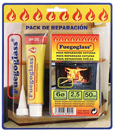 WOLFPACK LINEA PROFESIONAL - Kit Reparacion Estufas/Chimeneas, Cola Refractaria y Cordon Fibra Vidrio 6 mm. x 2,5 m.