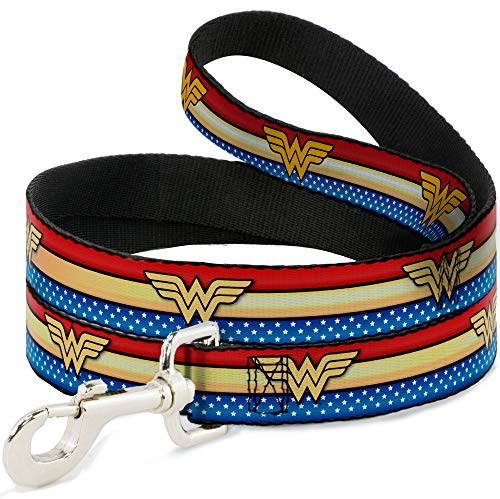 Dog Leash Wonder Woman Logo Stripe Stars Red Gold Blue White 4 Feet Long 1.5 Inch Wide