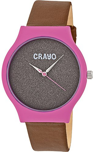 Crayo Glitter Quartz Brown Leather Hot Pink Unisex Watch CRACR4502