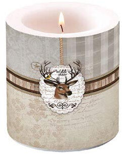 HDmirrorR Kerze rund Hirschkopf Landhaus als Tischdeko für Liebhaber von Hirsch und Wald Ø 7,5cm, Höhe 8cm