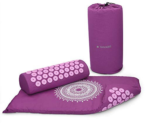 Navaris 2in1 Akupressur Massage Set - Akupressurmatte und Kissen mit Tasche - Akupressur Matte und Kopfkissen - Nadelmatte Violett