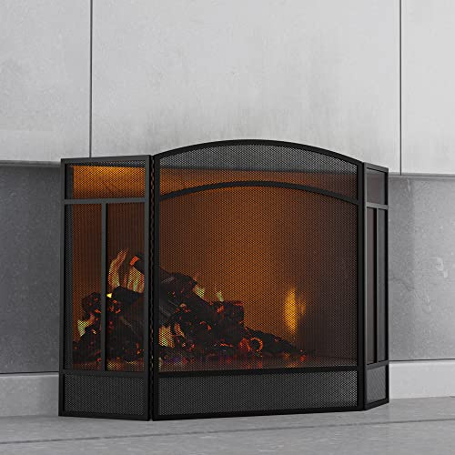 Fire Beauty Pantalla de Chimenea de 3 Paneles de Hierro Forjado de 48 Pulgadas de Largo x 29 Pulgadas de Alto, Cubierta Protectora de chispas (Negro)