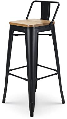 Kosmi - Barstuhl, großer Hocker im Industriestil mit Kleiner Rückenlehne aus mattschwarzem Metall und Sitzfläche aus hellem Naturholz, Sitzhöhe 76cm