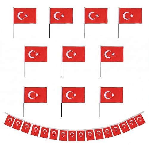 Sonia Originelli Fanset Fanartikel Fahnengirlande und 10 Minifahnen für die Hand oder den Tisch EM WM Fussball, Farbe: Türkei