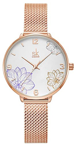 Alienwork Orologio Donna Oro rosa Cinturino in Maglia Metallo Bianco Elegante