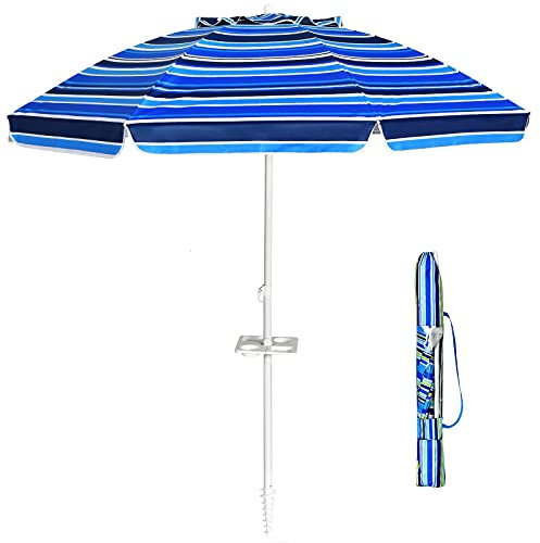 GIANTEX 220 cm Sonnenschirm, Strandschirm mit Verankerung & Getränkehalter, neigbarer Gartenschirm Terrassenschirm, Marktschirm mit Tragetasche, Schirm rund Sonnenschutz UV50+ (Blaue Streifen)