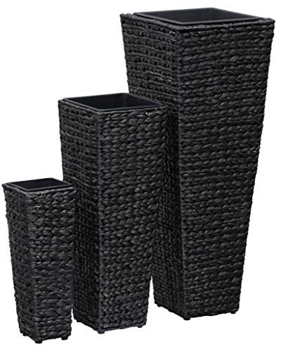 (Blitzlie ferung) Pflanzkübel Set Garten Blumentopf Kräuterbeet Blumenkasten im Rattan, Blumenkübel Pflanztrog Garten-Hochbeete 3-TLG. Wasserhyazinthe Schwarz