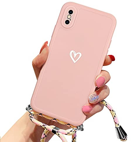 Lafunda Handykette für iPhone X/iPhone XS Hülle mit Band - Rosa | abnehmbare Handyhülle mit Kordel zum Umhängen,Silikon Schutzhülle mit Herzmuster für iPhone X/Xs