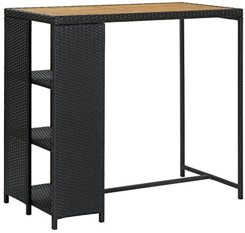 vidaXL Bar Table – Black Poly Rattan Bar Table with Solid Acacia Wood Top and Storage Rack – Ideal for Home, Garden, Bars, Pubs, and Restaurants