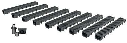 Entwässerungsrinne MEAPARK, 9er Pack (9x1m) mit Längsstabrost aus recyceltem Kunststoff in schwarz mit Zubehör - Entwässerungssystem für Terrassen, Schwimmbäder, Gärten und Fußgängerzonen. BK A15